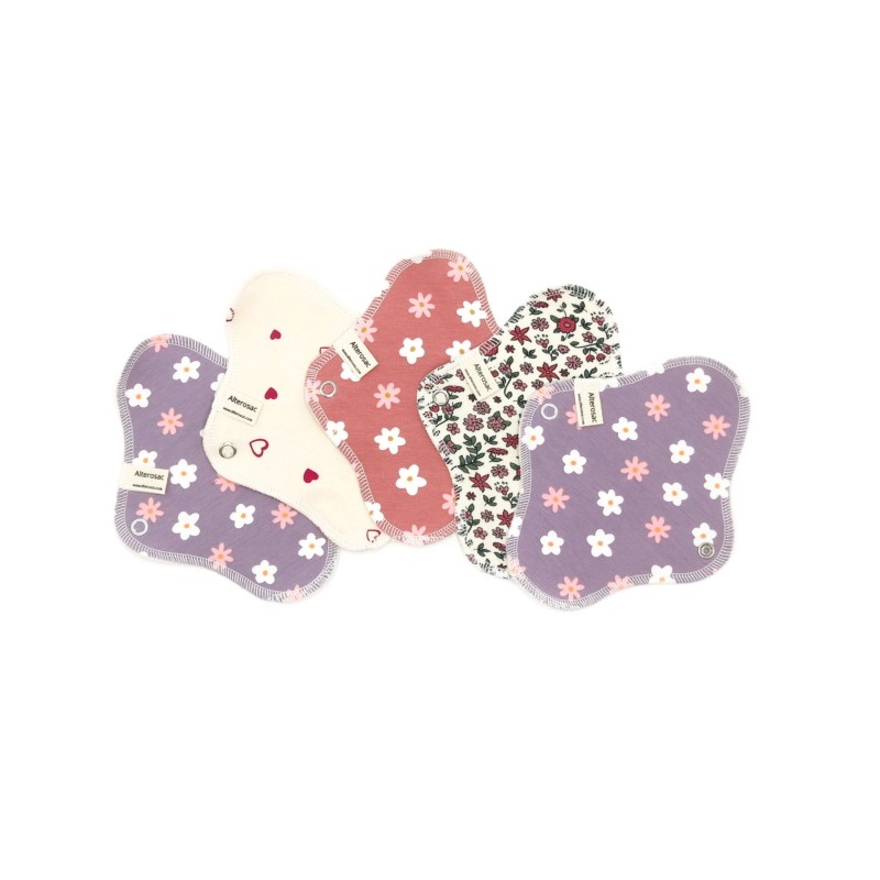 Pack de 5 serviettes hygiéniques lavables en coton bio - Taille S (flux léger)